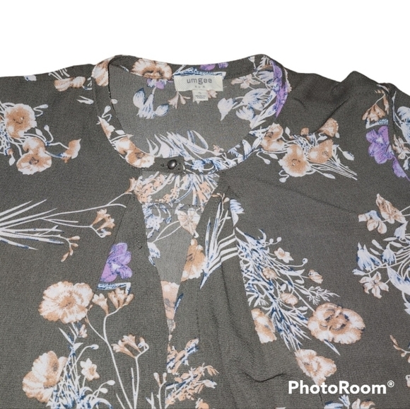 Umgee Tunic Dress Gray Floral Small Bell Sleeves Boho Keyhole Neckline - Picture 4 of 8